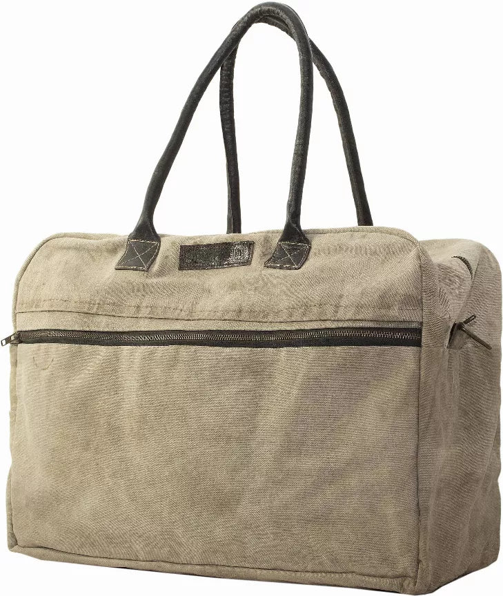 Khaki canvas duffel bag with long handles, front zipper, and side pocket