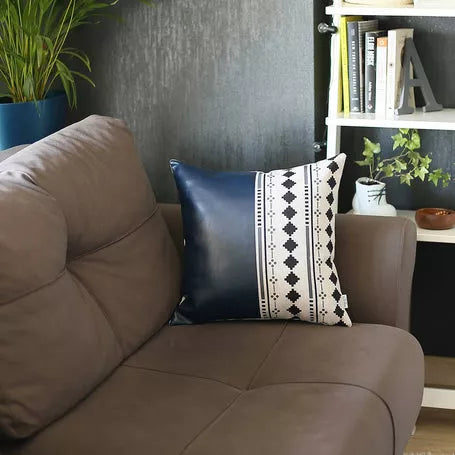 Faux leather pillow cover, dark blue side with white panel and black diamond trim