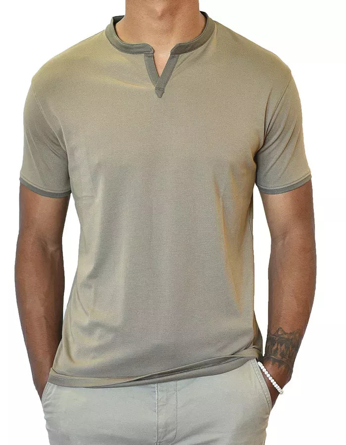 Men's short-sleeve notch-collar shirt, olive-gray knit with front placket