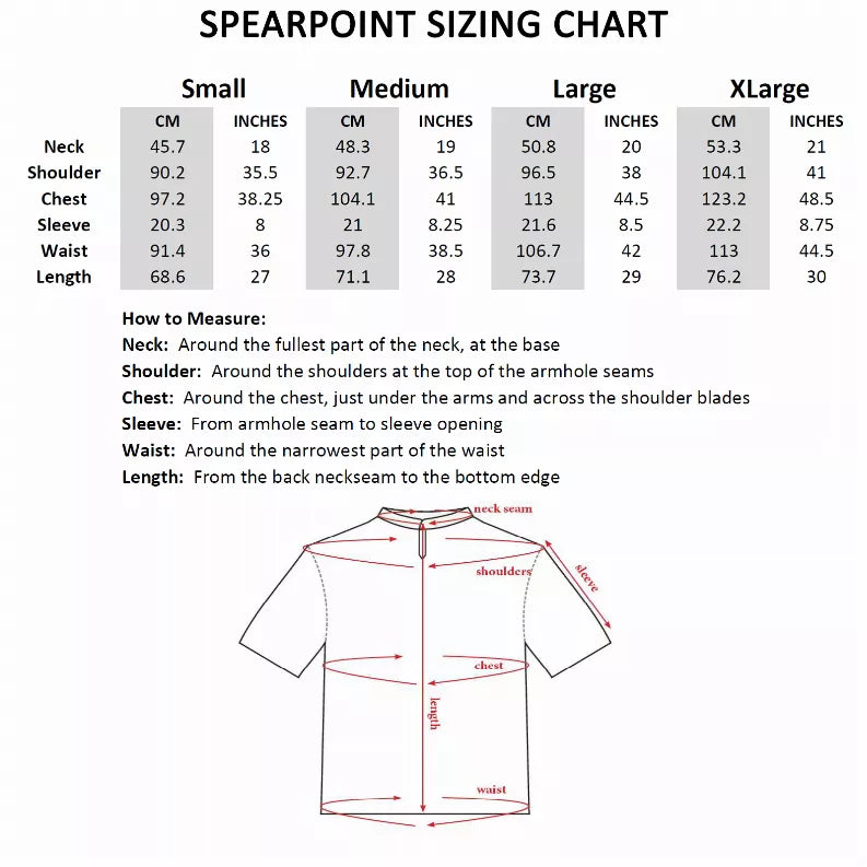 SPEARPOINT sizing chart with neck, shoulder, sleeve, waist, and length measurements