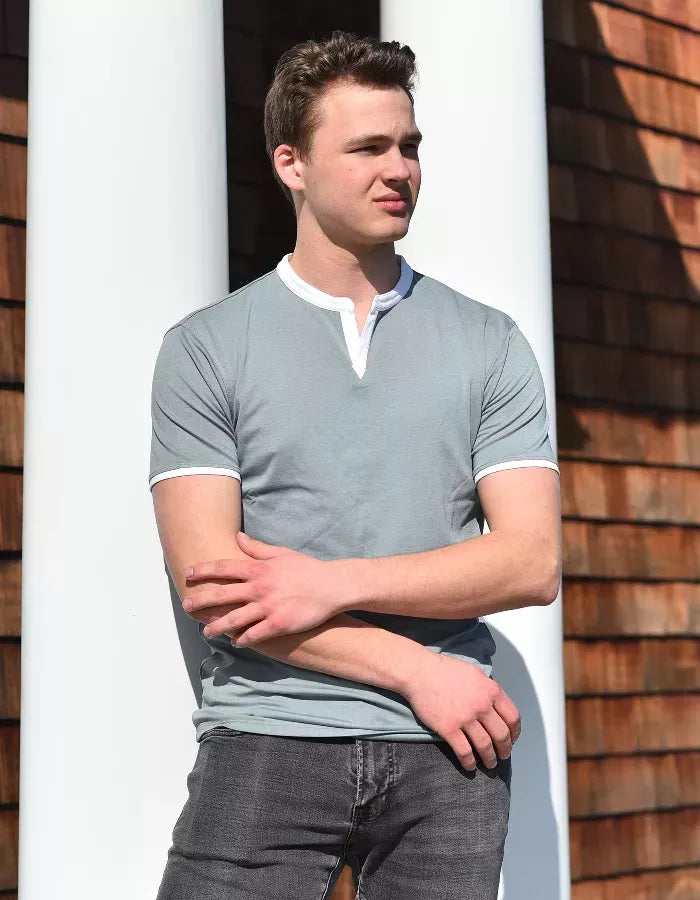 Light blue short-sleeve notch-collar shirt with white-trim placket and collar