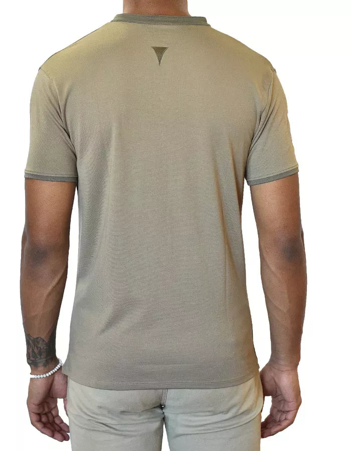 Back view of olive short-sleeve shirt with notch collar and side sleeve cuffs