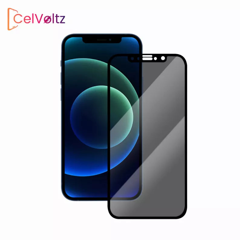 Privacy tempered glass screen protector covering iPhone display, dark tinted glass sheet