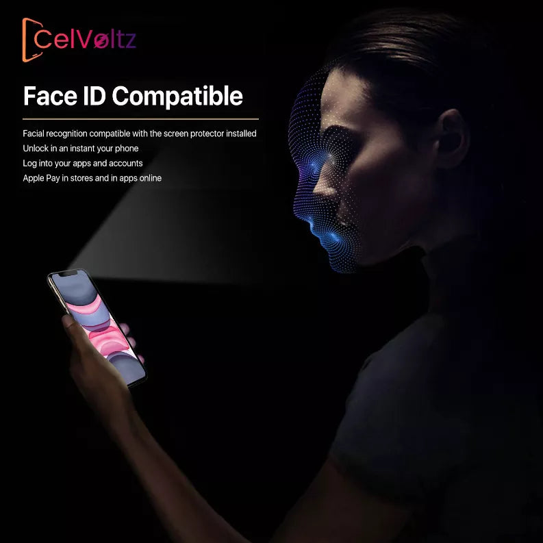 Privacy tempered glass screen protector on iPhone held in hand, dark tinted display