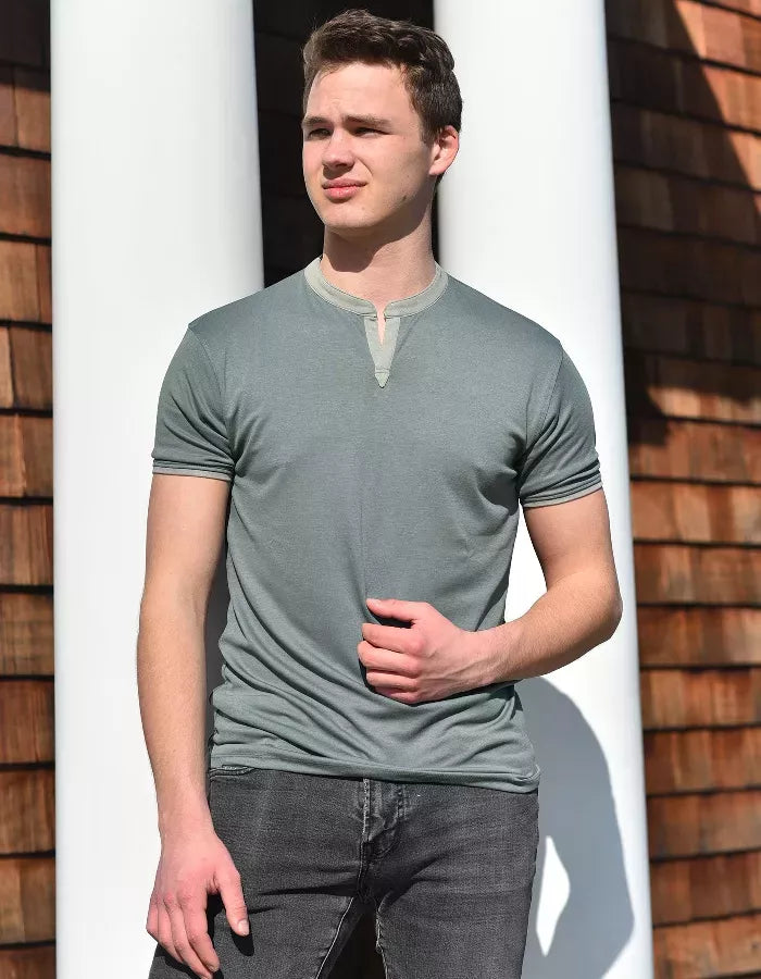 Blue-gray short-sleeve notch-collar shirt with front placket detail