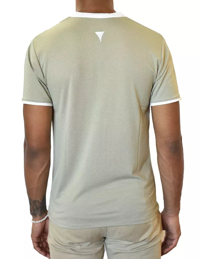 Short-sleeve notch-collar polo shirt, light taupe with white trim, back view