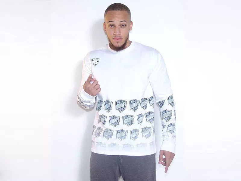White long sleeve T-shirt with faded blue front and sleeve graphic pattern, crew neck