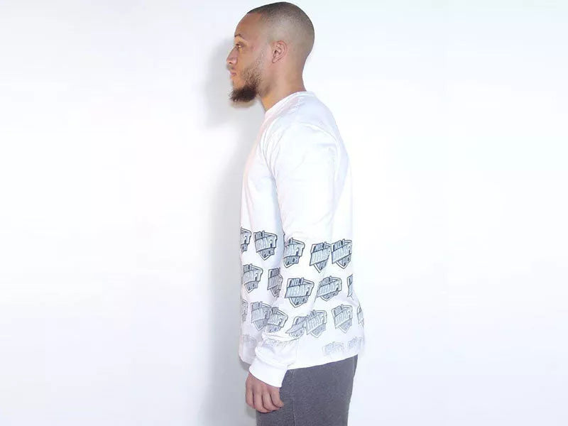 White long sleeve T-shirt with faded blue graphic print, side view, crew neck