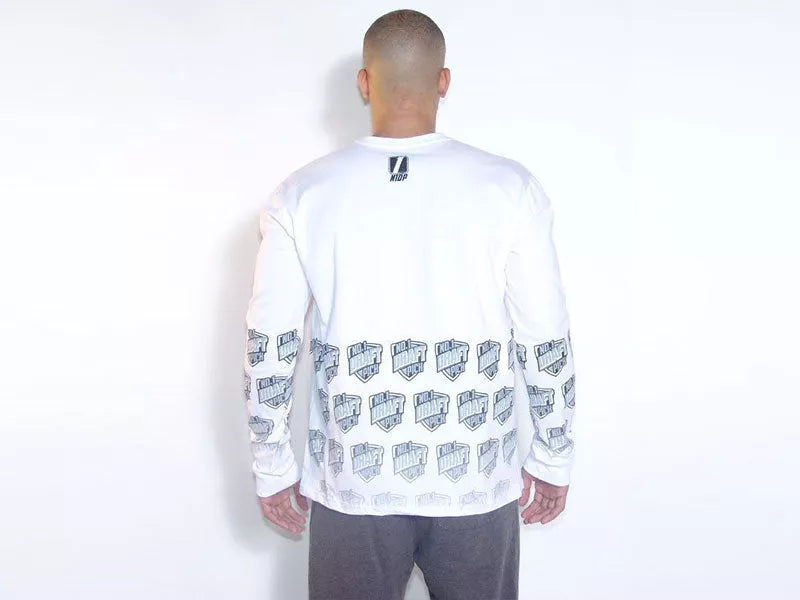 White long sleeve T-shirt with faded blue graphic print on the back, crew neck