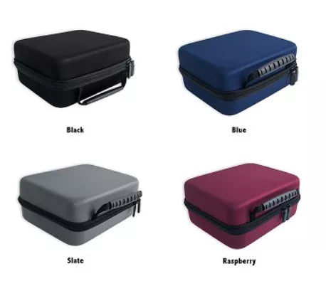 Battery storage case color options: Black, Blue, Slate, Raspberry with zipper