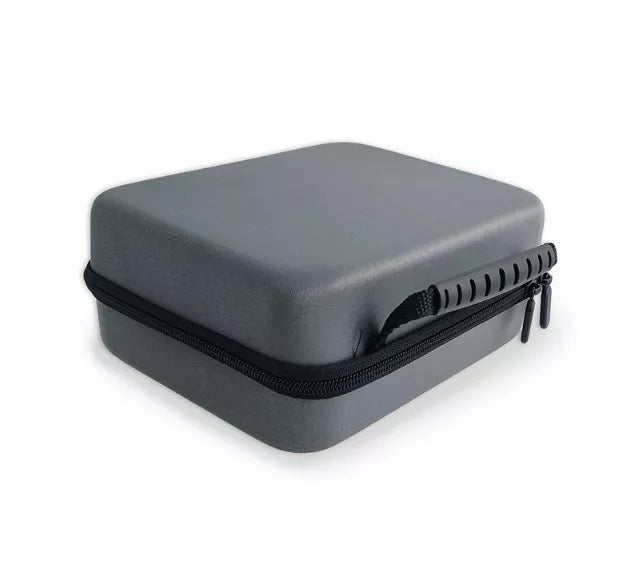 Gray zippered battery storage case with molded shell and side vent slots