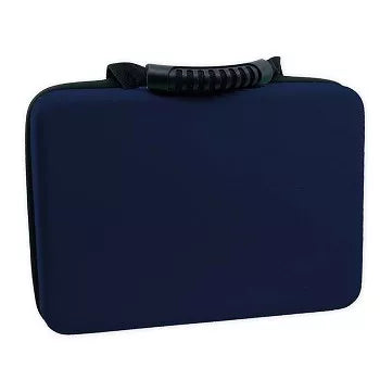 Flipo battery storage case in dark navy with black top strap, coiled cable, zipper edge