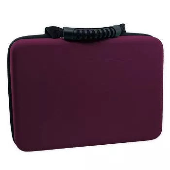 Burgundy battery storage case with black carry strap and coiled cable on top