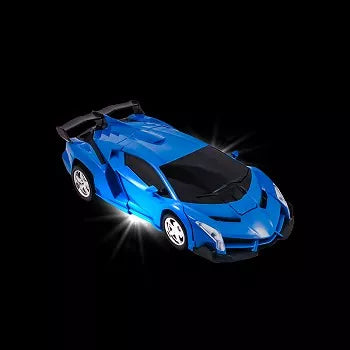 Blue shape-shifting robot RC car angled view with black roof and windshield