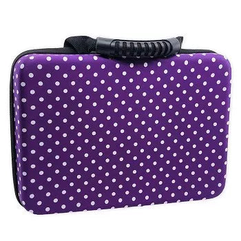 Flipo battery storage case, purple polka-dot fabric with black zipper and coiled strap
