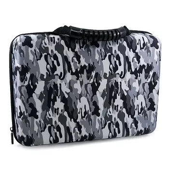 Battery storage case with gray and black camo pattern, top zipper and carry handle