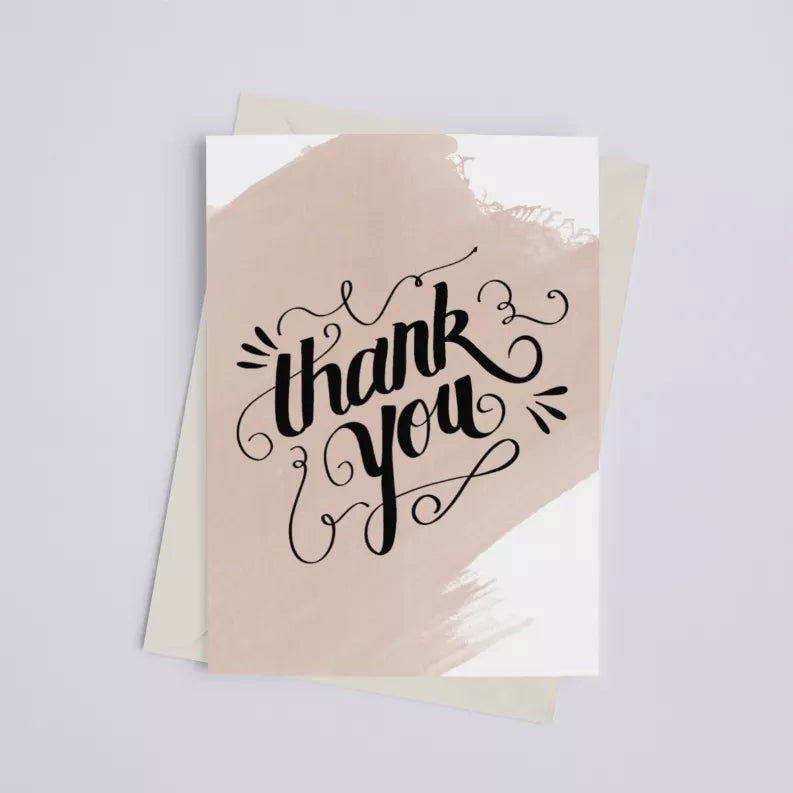 Thank-you watercolor greeting card, black script on tan wash, stacked with white insert