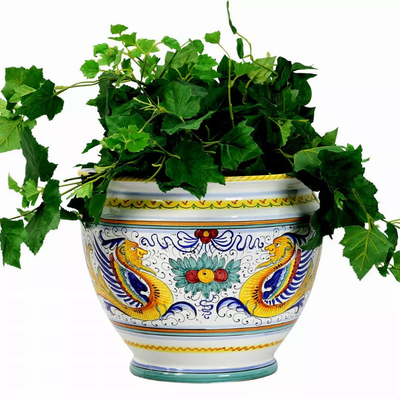 RAFFAELLESCO ceramic cachepot planter with blue-and-yellow bird and floral motif