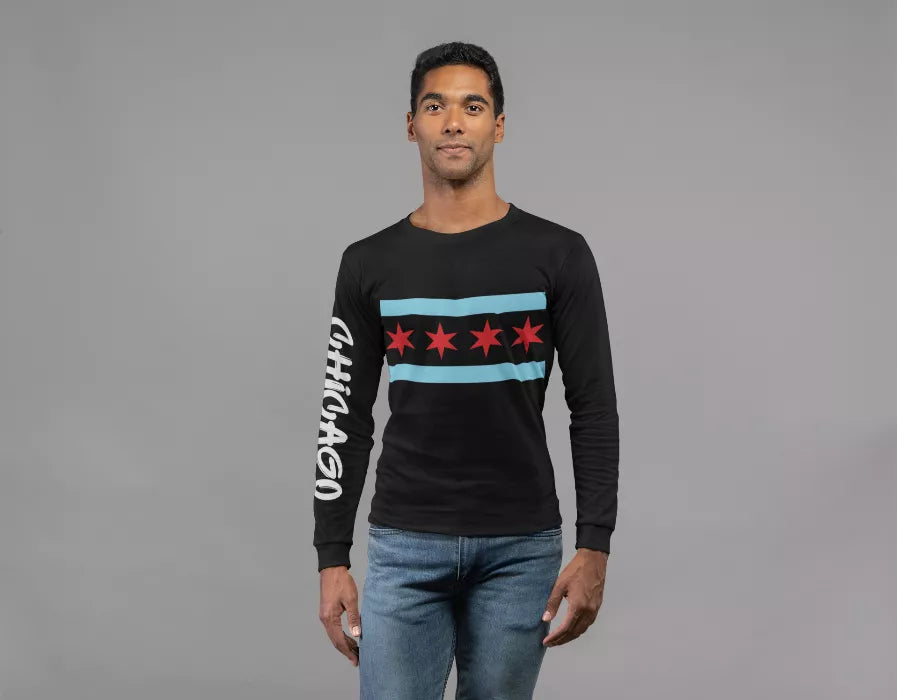 Black crewneck sweatshirt with flag graphic, red stars, blue stripe, and white side lettering