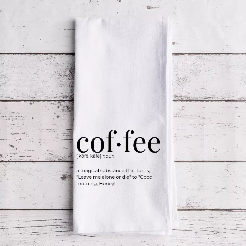 White coffee-themed tea towel, flat weave, 'coffee' definition text printed on front
