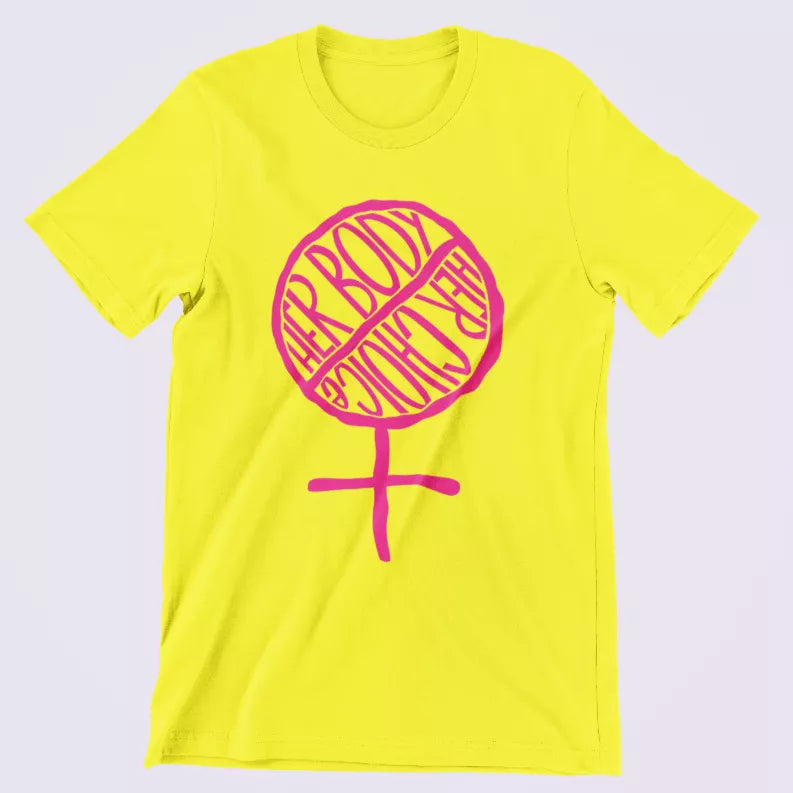Lime yellow women's T-shirt with pink lip graphic and female symbol