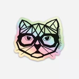 Holographic cat face sticker with geometric black-and-teal eyes and bowtie nose