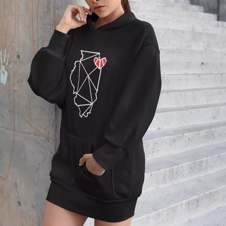 Black hooded pullover dress with kangaroo pocket and white animal graphic, close-up
