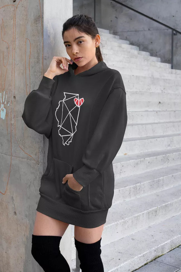 Dark hooded pullover dress with long sleeves and front graphic