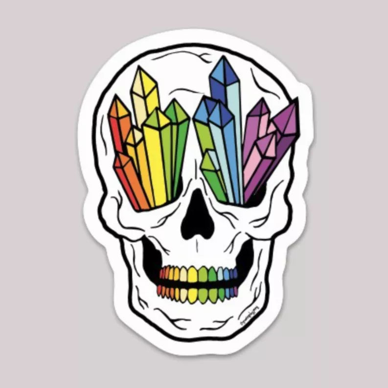 Rainbow crystal skull sticker with colorful gem-crystal teeth and skull outline