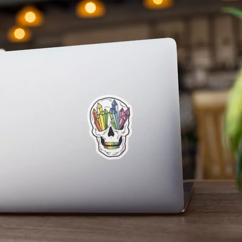 Rainbow crystal skull sticker, colorful crystal accents with white outline
