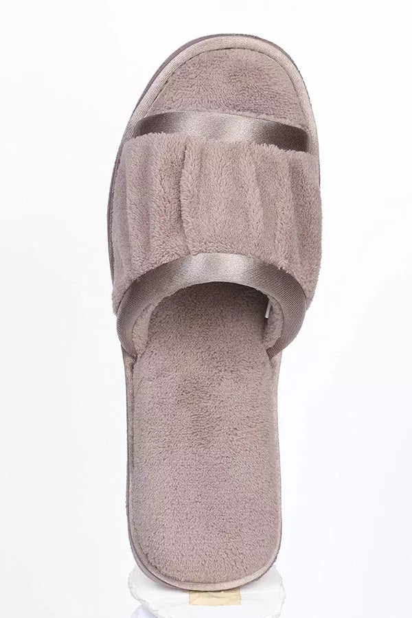 Taupe terry open-toe slide house slipper with soft lining and padded insole