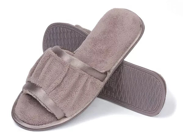 Taupe open-toe slide slipper pair view with terry upper and textured rubber sole