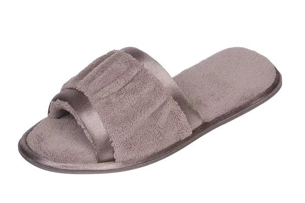 Taupe terry open-toe slide slipper side view with low-profile cushioned footbed
