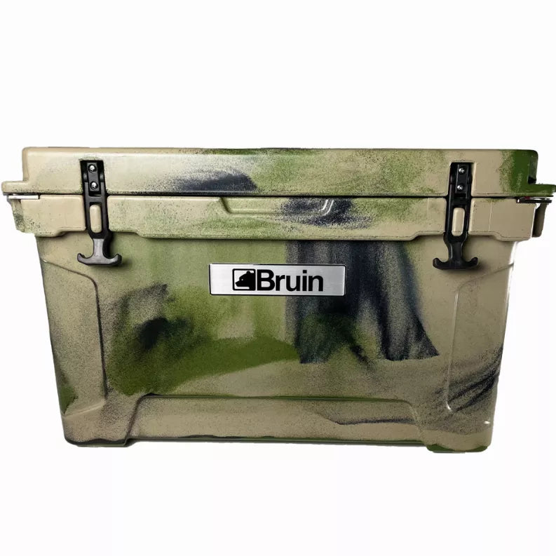 Roto-molded cooler, olive green with hinged lid and metal latch clasps; Bruin logo.