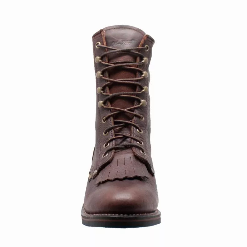 Men’s 9-inch lace-up packer boot in dark brown leather with padded collar and eyelets
