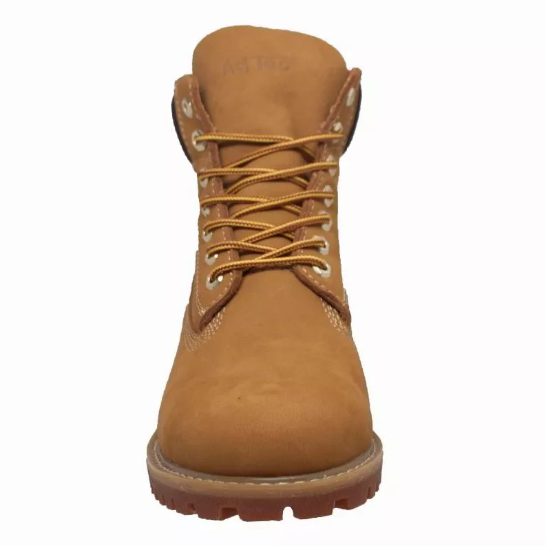 Tan lace-up work boot with black heel collar and padded tongue