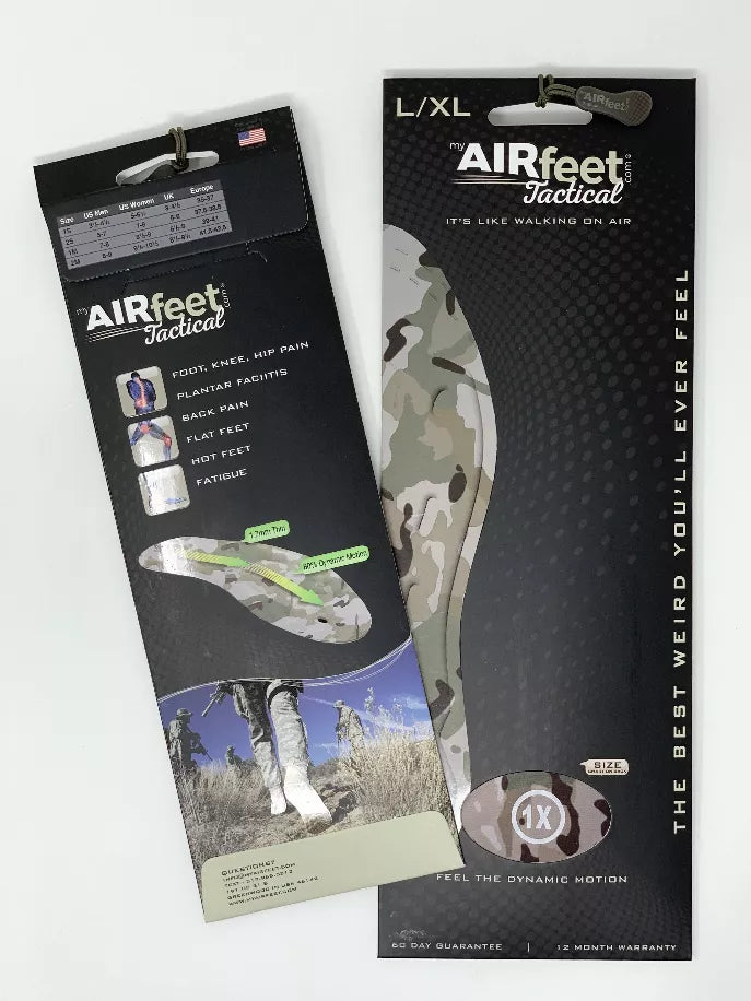 Tactical insole packaging card, L/XL size label, AIRfeet branding on hanging tag