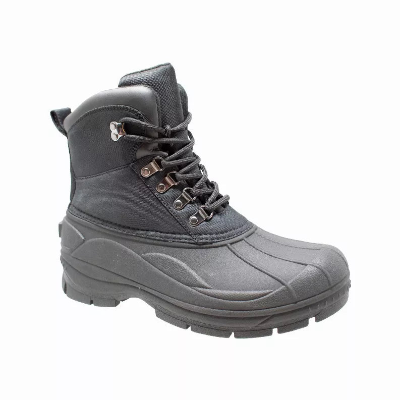 Men's dark lace-up winter boots with padded collar and thick lug sole