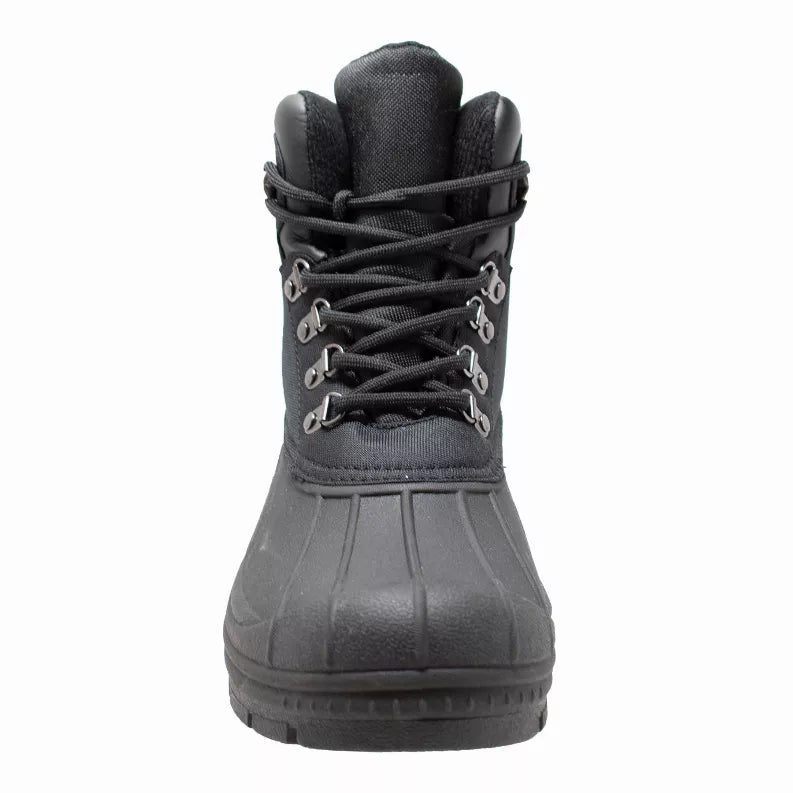 Front view of dark lace-up winter boots with steel-toned eyelets