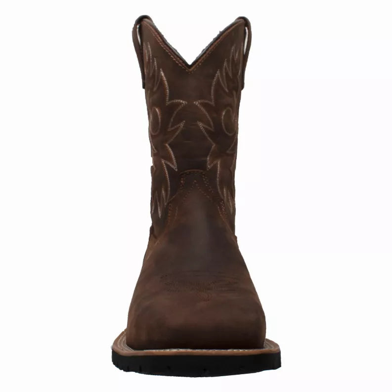 Brown 12-inch men’s steel toe western boot, rear view with flame-etched upper.