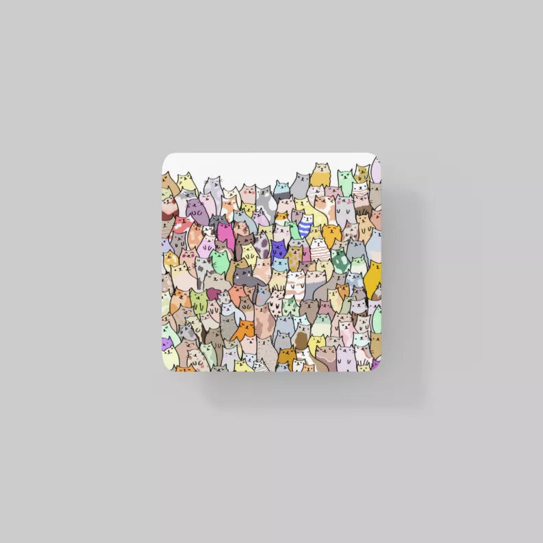 Rounded square coaster with colorful cartoon cat faces pattern