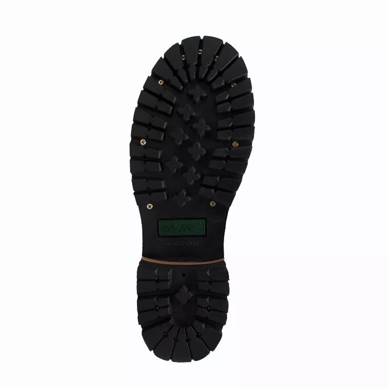 Men's logger boot outsole with black tread and rubber lugs, underside view