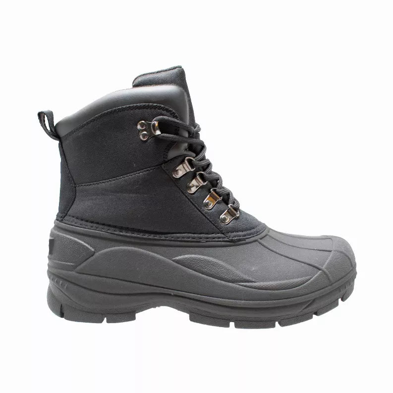 Side view of dark lace-up winter boot with padded ankle, metal eyelets, and grippy sole