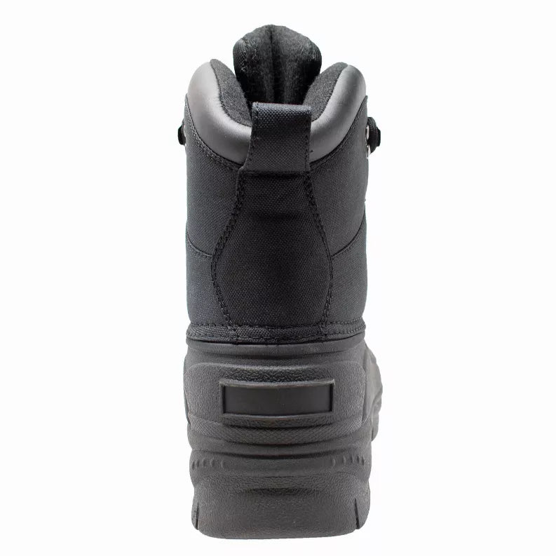 Dark winter boot heel with lace-up upper, padded collar, and cushioned outsole tread