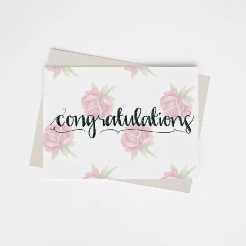 Floral congratulations greeting card with pink rose pattern and script text