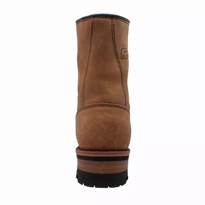 Tan 9-inch logger boot back view with black lug tread and ankle logo patch