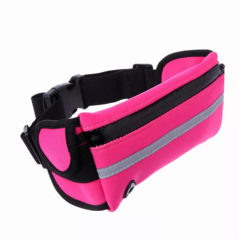Pink and black waist pack with front zipper pocket and adjustable elastic strap