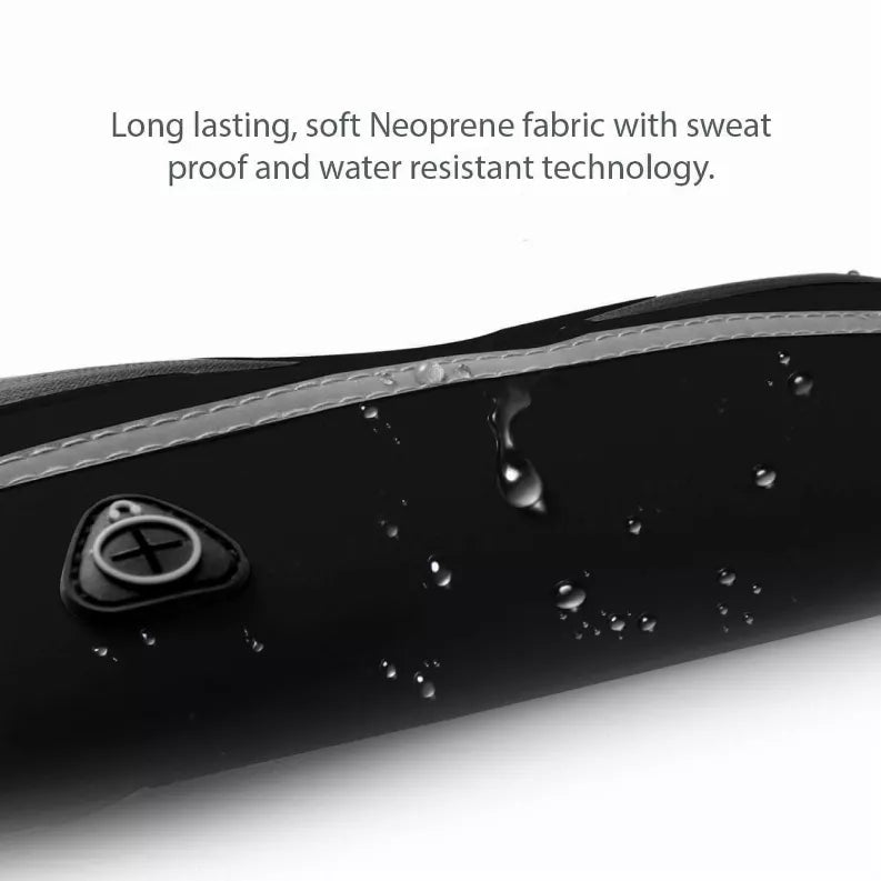 Black water-resistant neoprene belt close-up with water droplets and logo patch