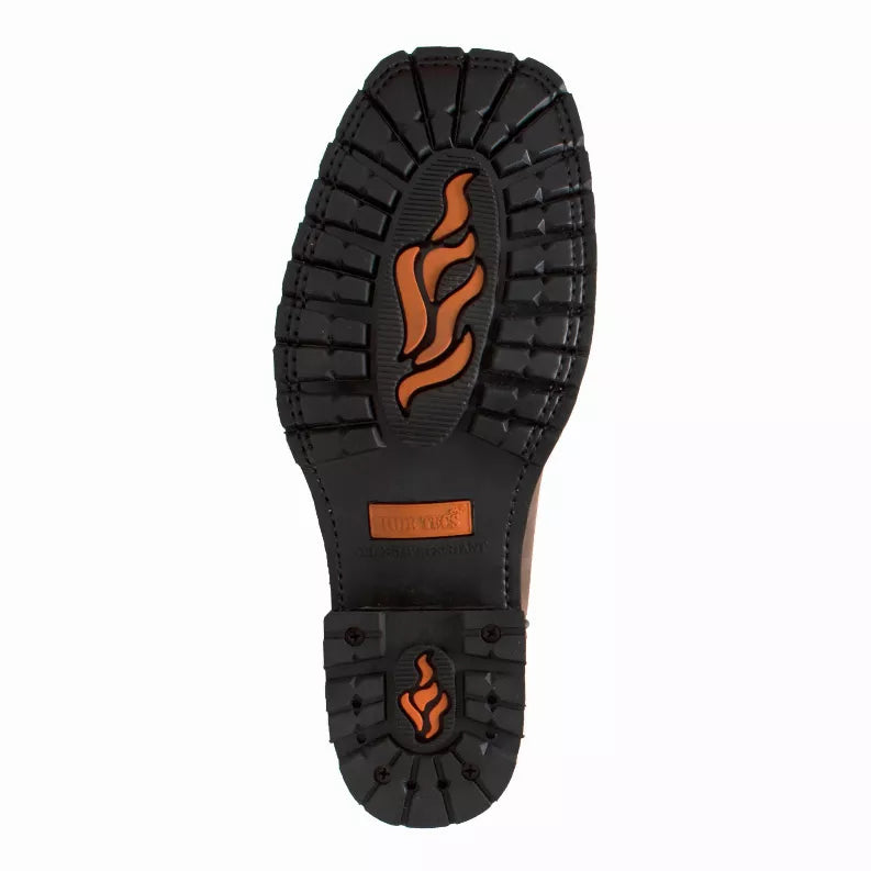 Black boot outsole with orange flame logo and tread pattern