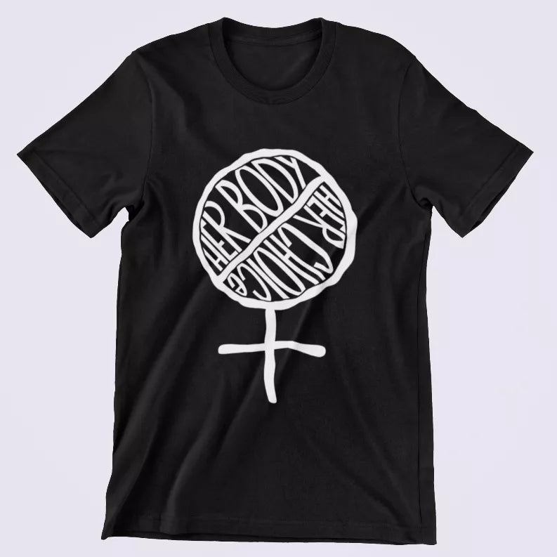 Black graphic T-shirt with white circle fist and female symbol print